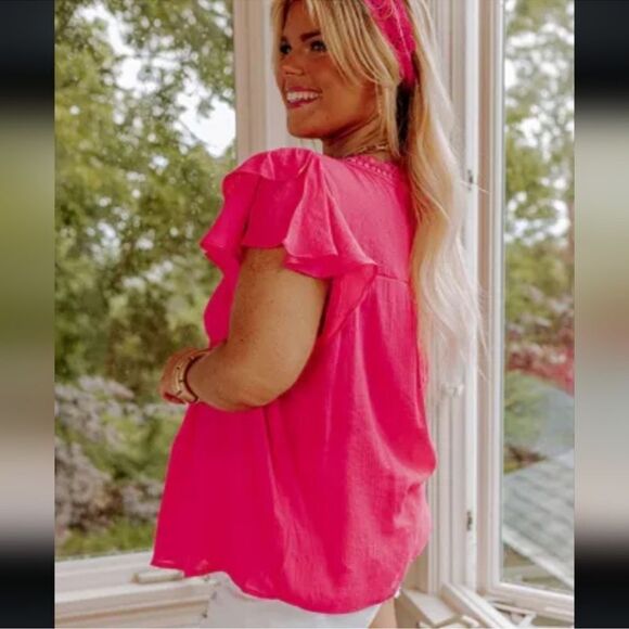 Fuchsia Pink 2X Short Flutter Sleeve Button Front Lace Crochet Detail Blouse - Picture 3 of 9
